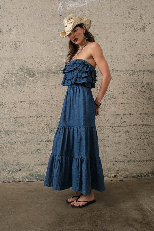 Denim 2 Piece Ruffle Top & Skirt Set