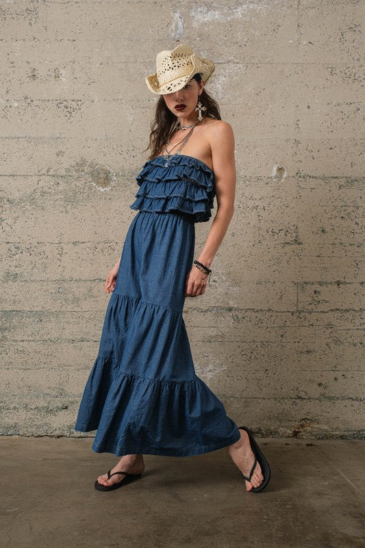 Denim 2 Piece Ruffle Top & Skirt Set