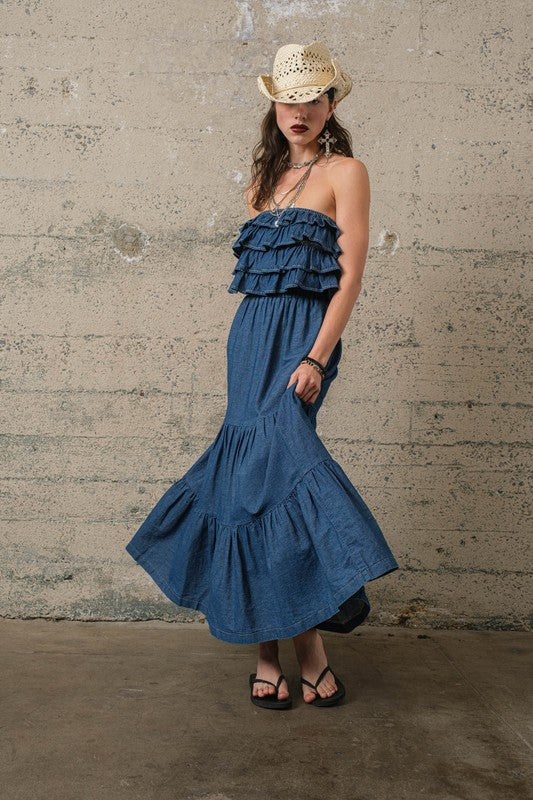 Denim 2 Piece Ruffle Top & Skirt Set