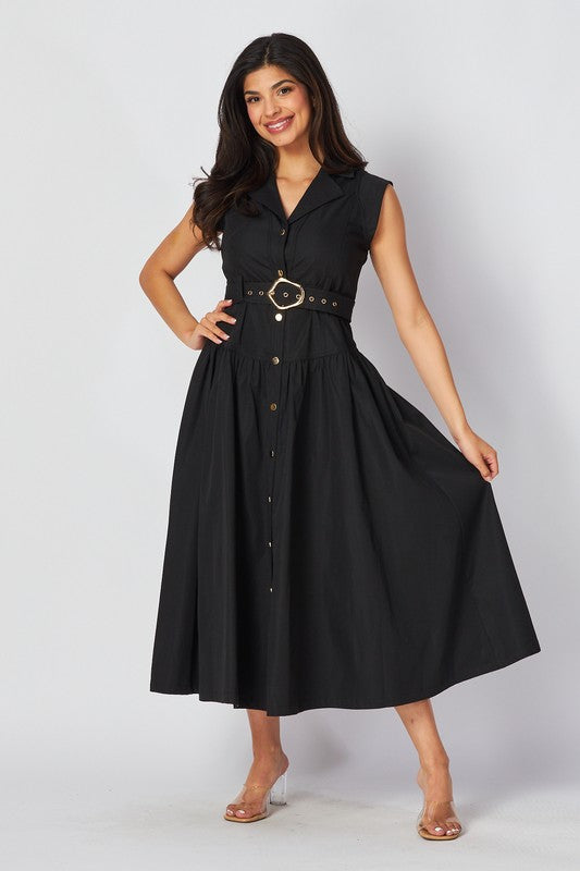 Solid Button Down Belted Dress