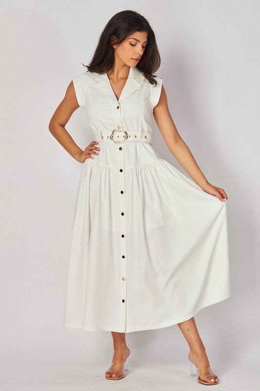 Solid Button Down Belted Dress