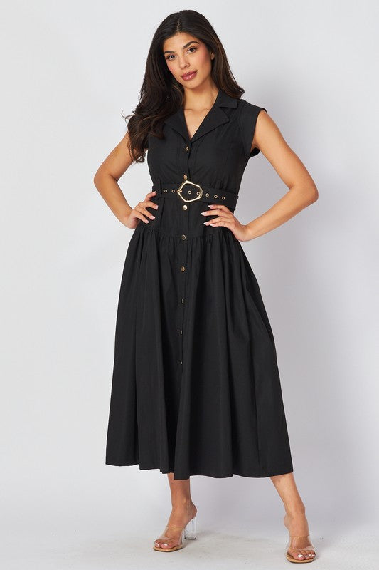 Solid Button Down Belted Dress