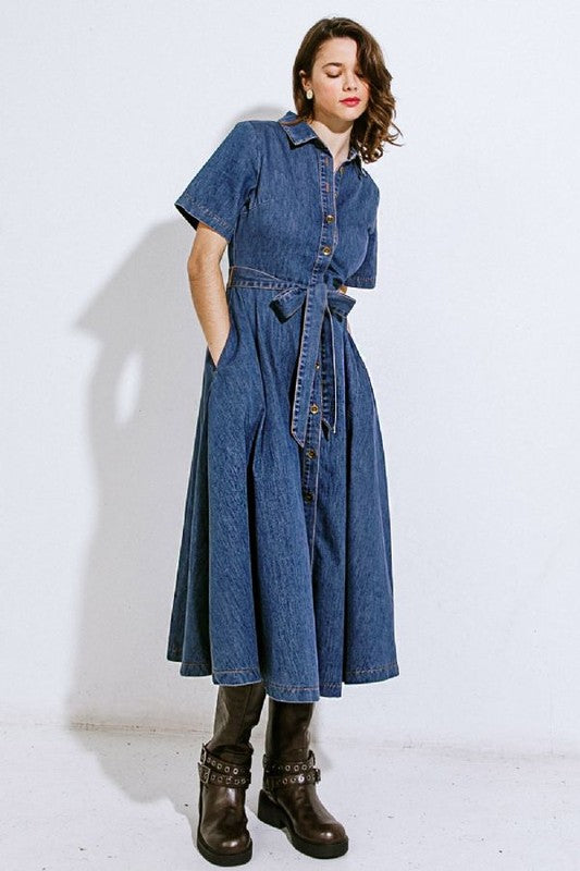 1088 Button Down Midi Indigo Denim Dress