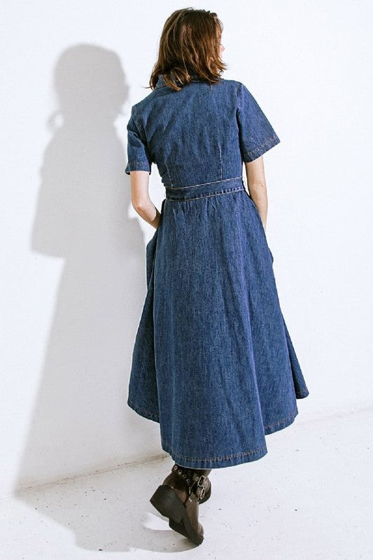 1088 Button Down Midi Indigo Denim Dress