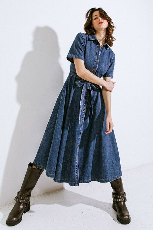 1088 Button Down Midi Indigo Denim Dress