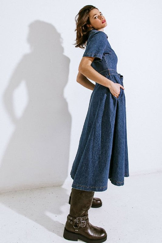 1088 Button Down Midi Indigo Denim Dress