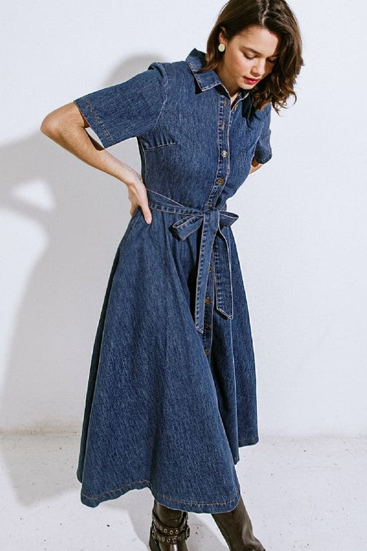 1088 Button Down Midi Indigo Denim Dress