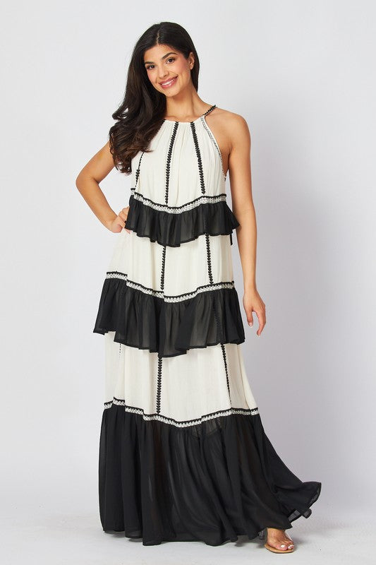 Black And White Ruffle Maxi Dress