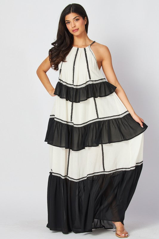 Black And White Ruffle Maxi Dress