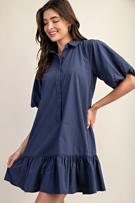 Solid Bubble Sleeve Dress