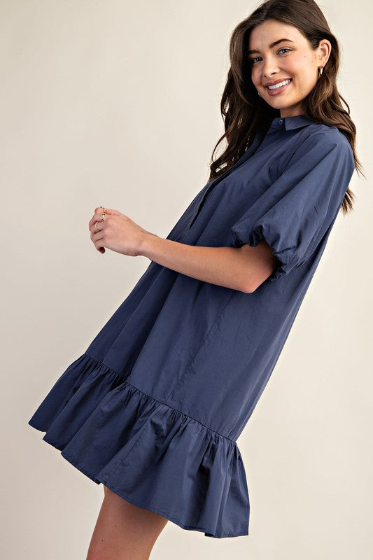 Solid Bubble Sleeve Dress