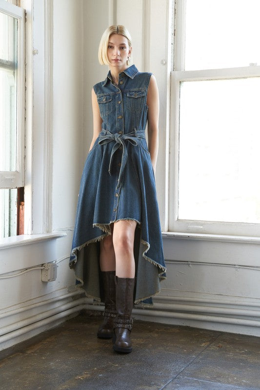 Button Down Sleeveless Indigo Denim Dress