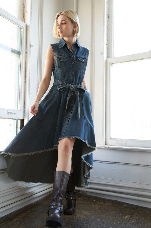 Button Down Sleeveless Indigo Denim Dress