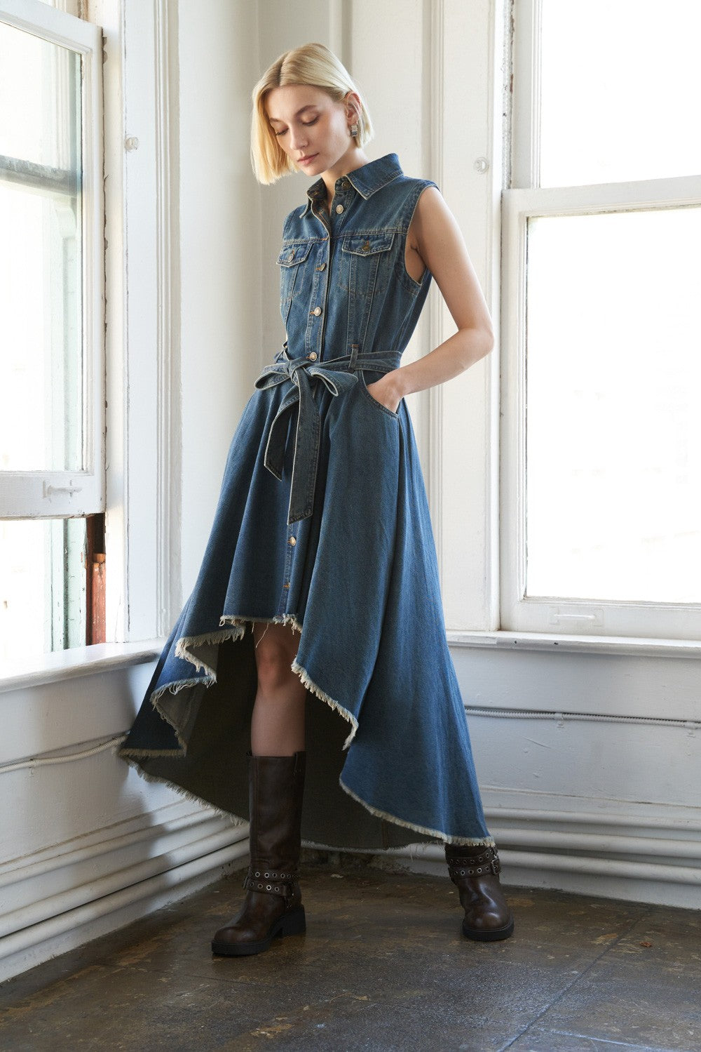 Button Down Sleeveless Indigo Denim Dress