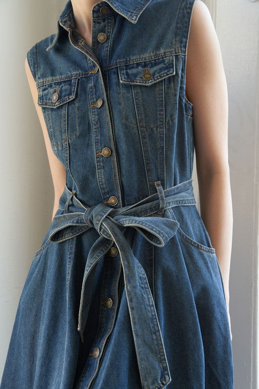 Button Down Sleeveless Indigo Denim Dress