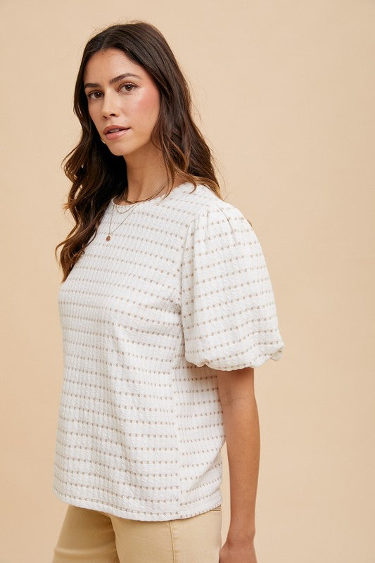 Bubble Sleeve White & Beige Texture Top