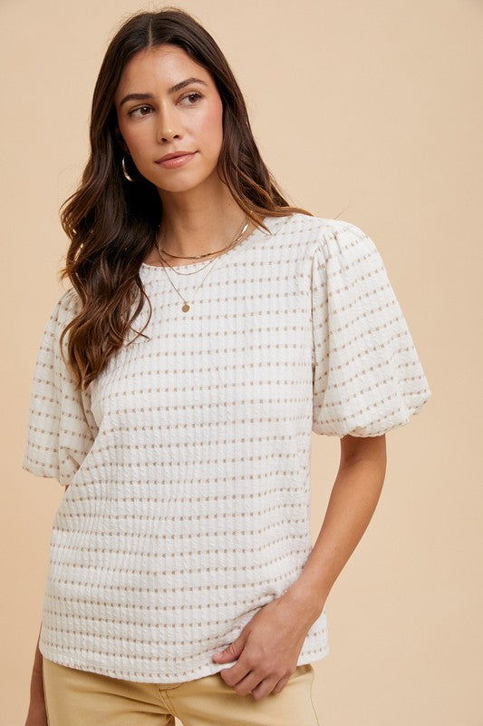 Bubble Sleeve White & Beige Texture Top