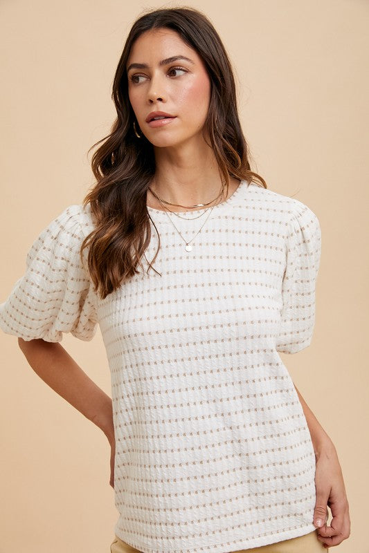 Bubble Sleeve White & Beige Texture Top