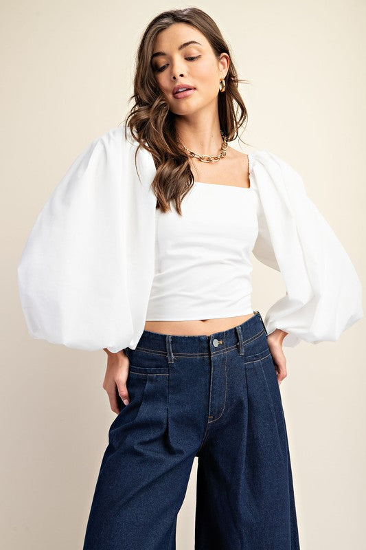 White Bubble Sleeve Crop Top