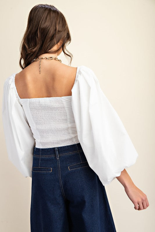 White Bubble Sleeve Crop Top