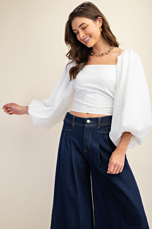 White Bubble Sleeve Crop Top