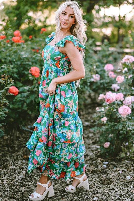 Green Multi Flower Midi Dress