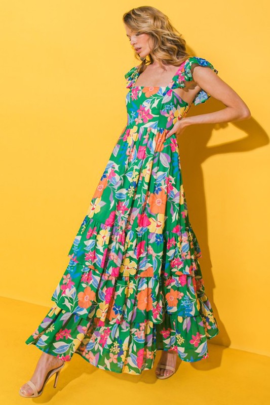 Green Multi Flower Midi Dress