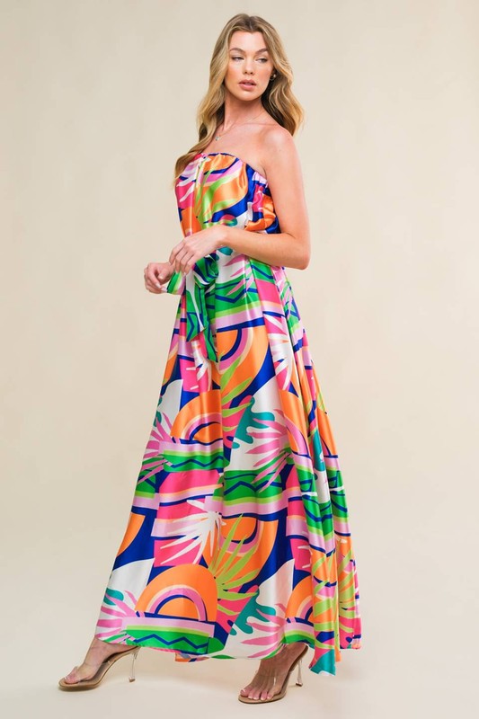 Psychedelic Satin Strapless Maxi Dress