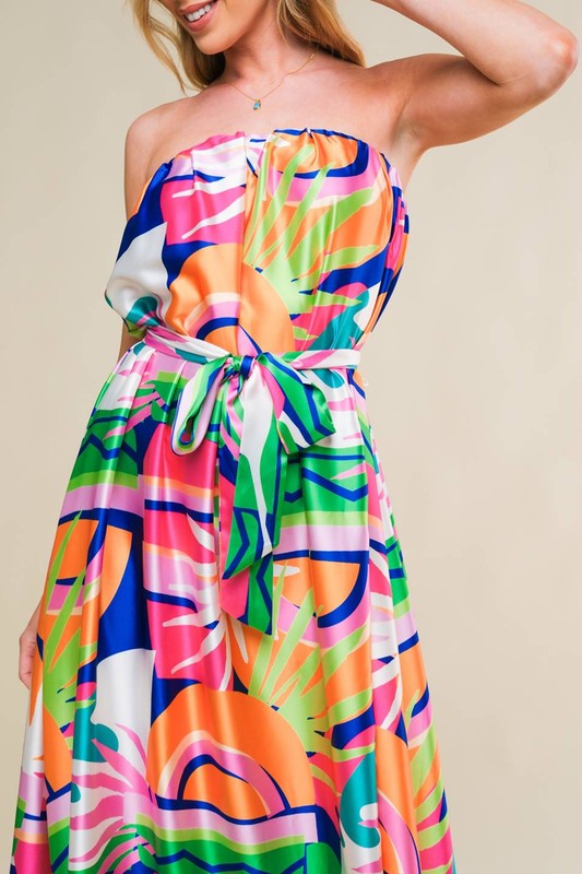 Psychedelic Satin Strapless Maxi Dress