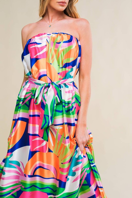 Psychedelic Satin Strapless Maxi Dress