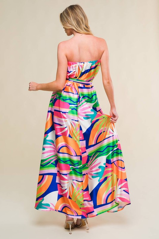 Psychedelic Satin Strapless Maxi Dress