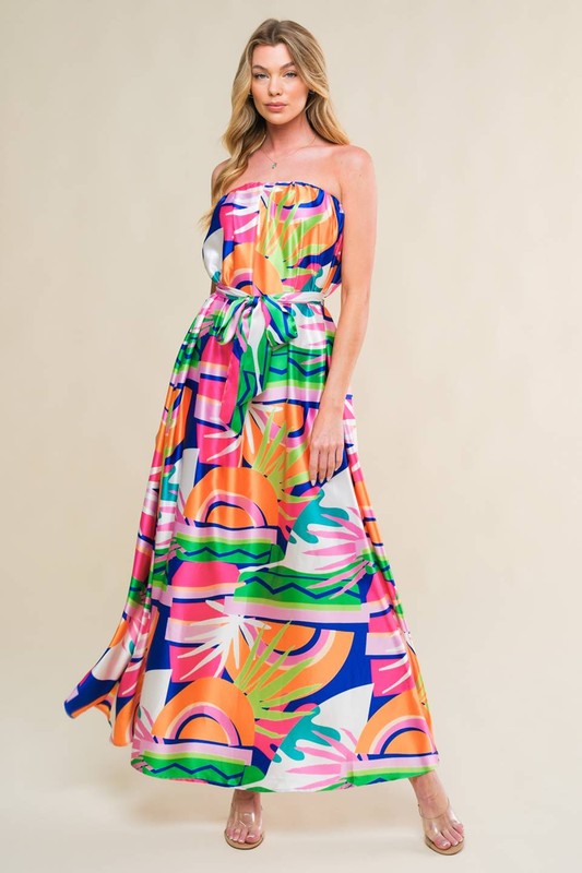 Psychedelic Satin Strapless Maxi Dress