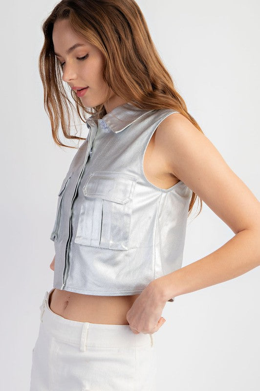 1076 Metallic Silver Sleeveless Crop Shirt