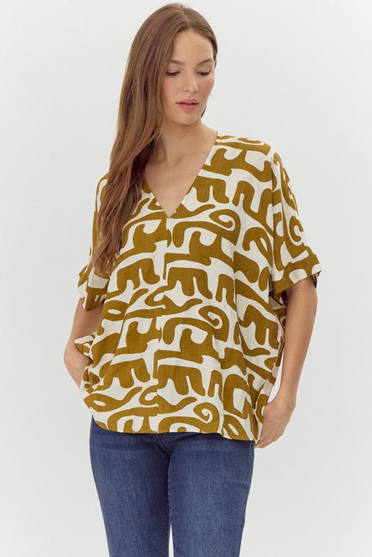 1563 V-Neck Olive Print Shirt
