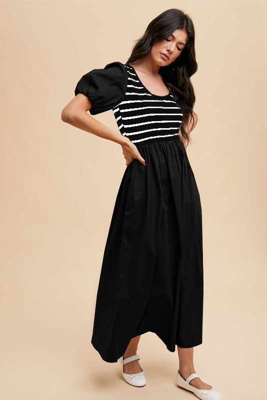 Black Striped Bubble Sleeve Dress