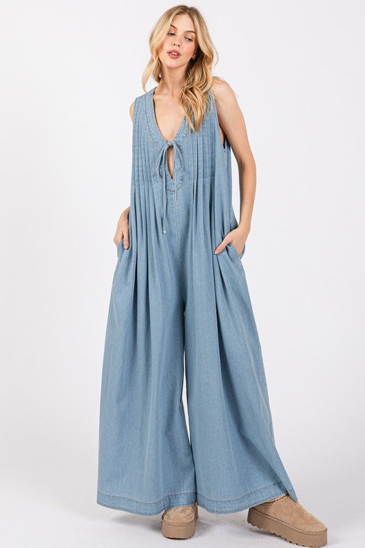 Pleated Denim Jumpsuit