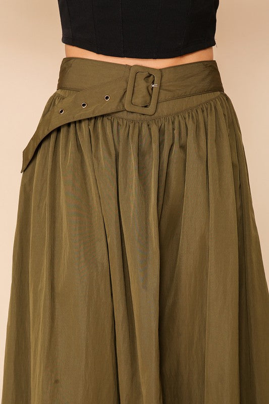 Olive Belted Midi Skirt