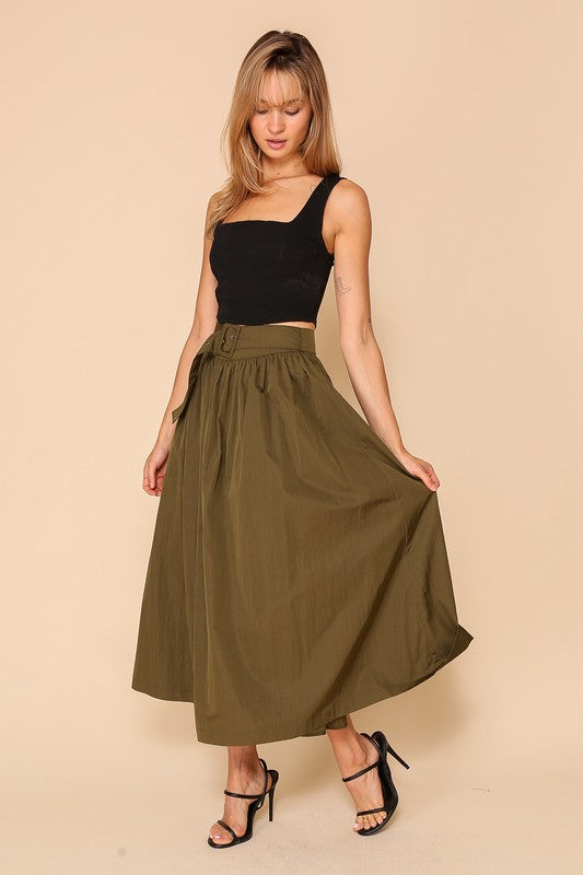 Olive Belted Midi Skirt