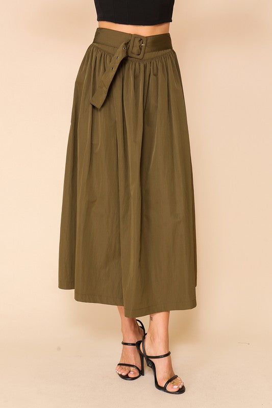 Olive Belted Midi Skirt