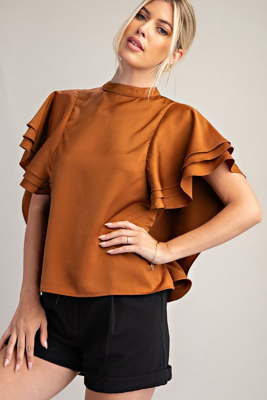 Camel Satin Ruffle Top