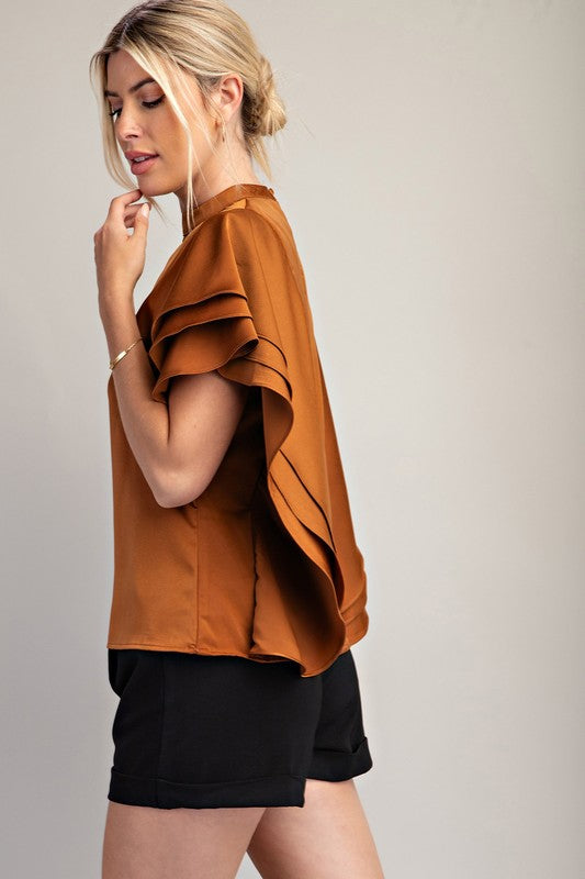 Camel Satin Ruffle Top