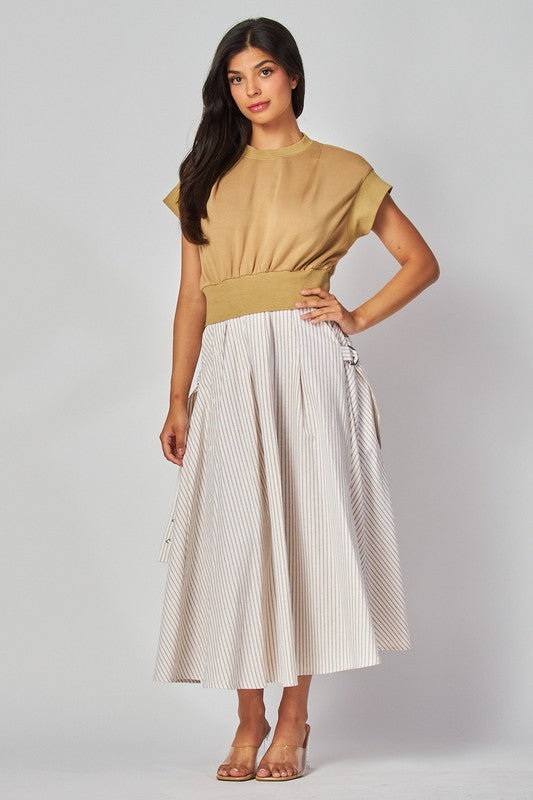 1335 Beige Striped Belted Midi Dress