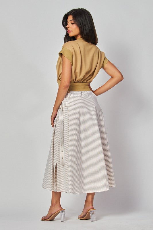 1335 Beige Striped Belted Midi Dress