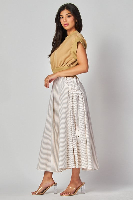 1335 Beige Striped Belted Midi Dress