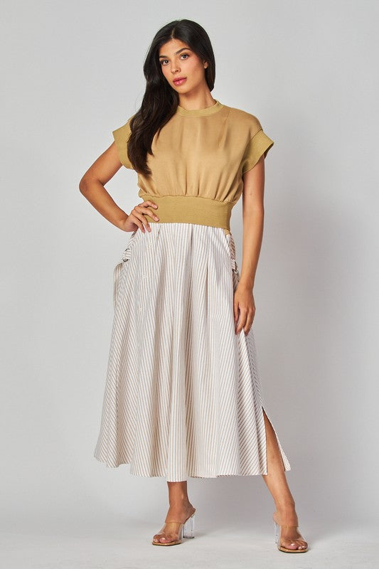 1335 Beige Striped Belted Midi Dress