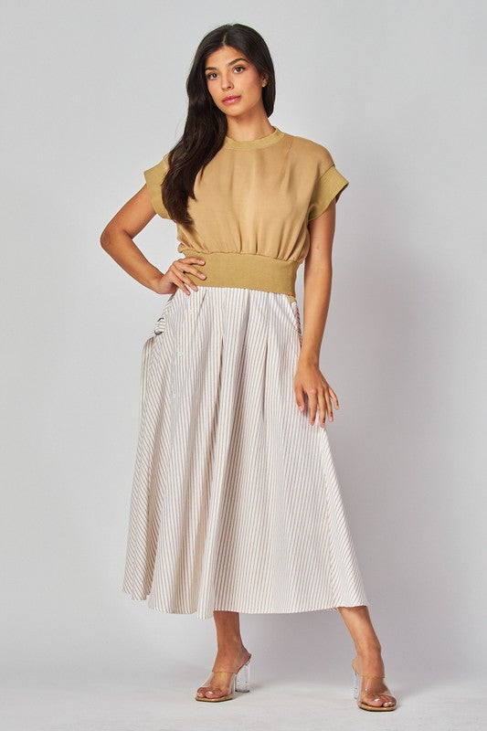 1335 Beige Striped Belted Midi Dress