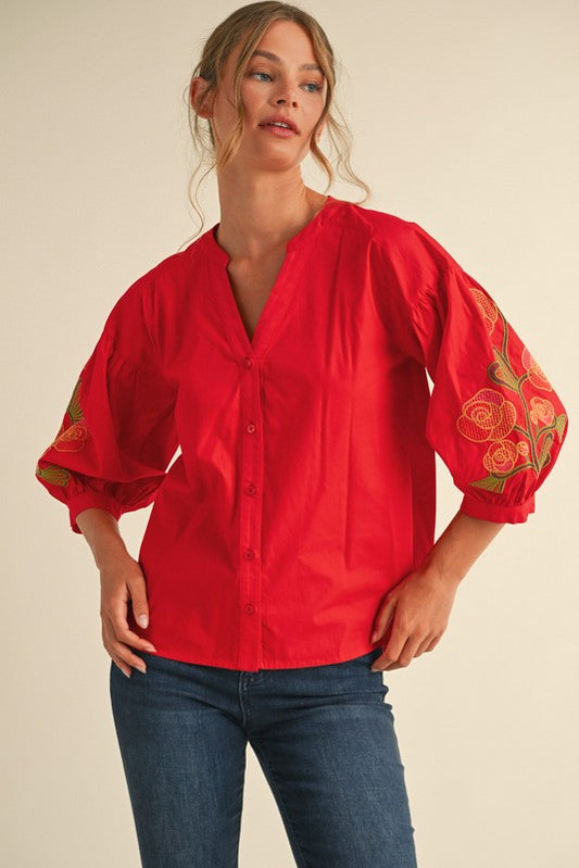 Embroidery 3/4 Sleeve Shirt