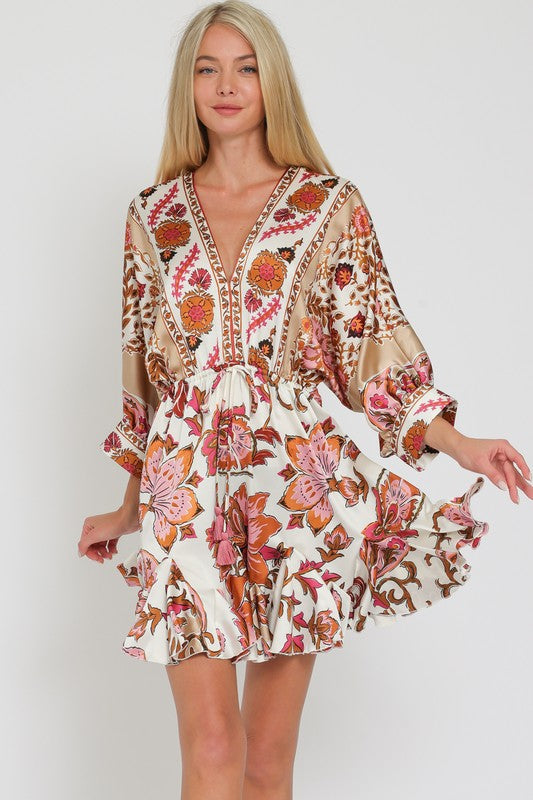 Elastic Waist Rust Printed Dress