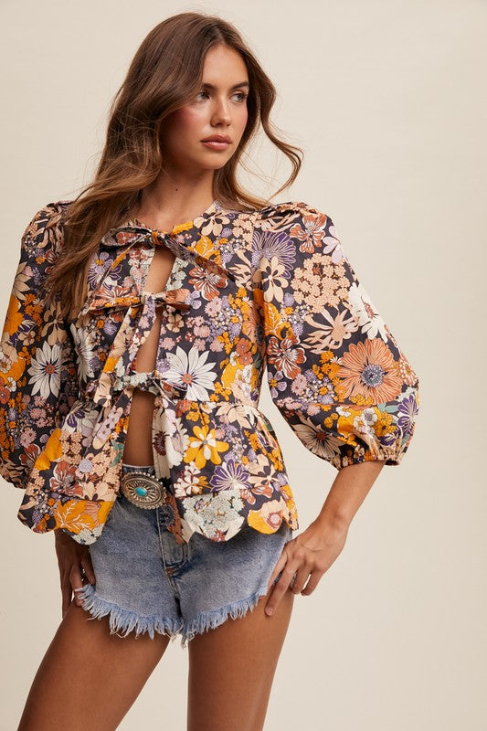 Flowers Print Bow Top