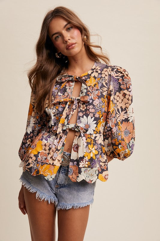 Flowers Print Bow Top